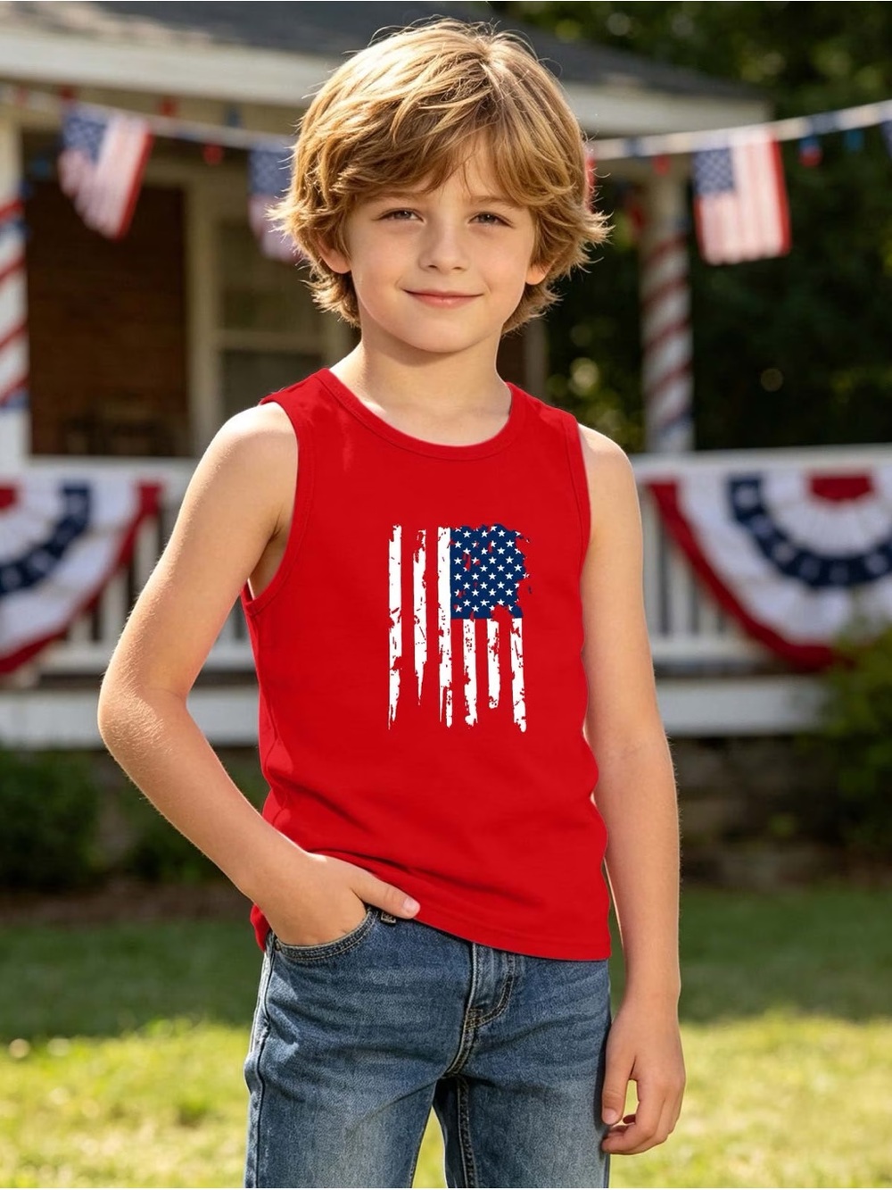 Red Kids' Sleeveless Tank Top with Distressed American Flag Print